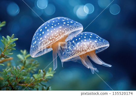 Mystical Jellyfish Floating in Deep Ocean Waters With Sparkling Light Reflections and Sea Plants Mystical Jellyfish Floating in Deep Ocean Waters With Sparkling Light Reflections and Sea Plants 135520174