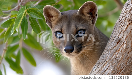 Fossa Hunts for Prey in a Tree in Madagascar During Daylight Hours 135520186
