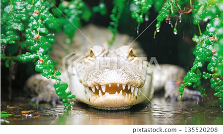 Alligator Resting by the Water in a Lush Swamp Under Dense Green Foliage in Daylight Hours 135520208