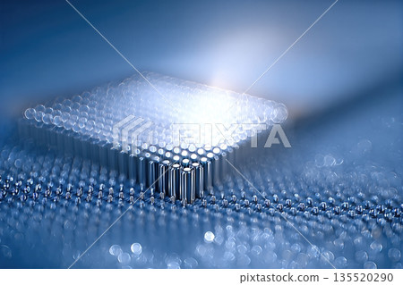 Close up of an Advanced Microchip Integrated With Organic Materials Under Blue Lighting 135520290
