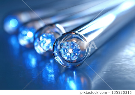 Glass Tubes Hold Synthetic DNA Samples in a Laboratory Setting With Blue Lights and Reflections 135520315