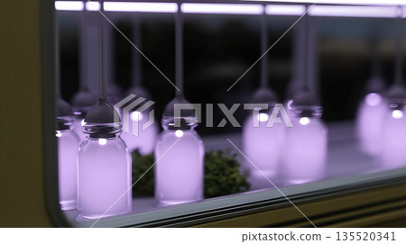 Nutrient Testing Setup With Glowing Bottles in a Lab Environment at Nighttime 135520341