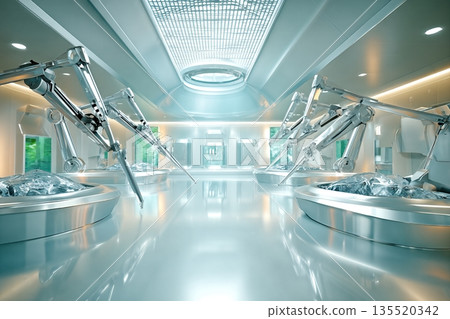 Futuristic Room With Robotic Arms Working on Objects in a Sterile Environment 135520342