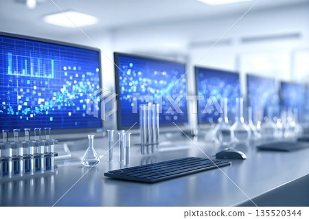 Futuristic Workstation With Digital Panels and Laboratory Equipment in a Sterile Environment 135520344