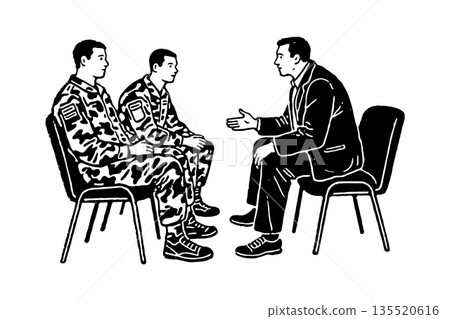 Two soldiers in uniform having a seated therapy session with a counselor, black and white sketch style, on white background, concept of support 135520616