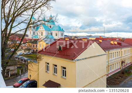 St. Francis Xavier Cathedral domes above historic rooftops in Grodno 135520628