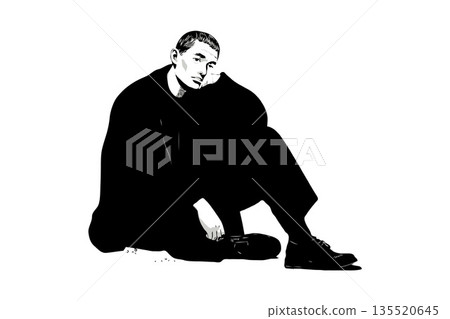 Pensive man sitting on the ground with head on knees, minimalist black and white art style, isolated on white background, concept of introspection Pensive man sitting on the ground with head on knees, minimalist black and white art style, isolated on white background, concept of introspection 135520645