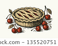 Hand-drawn cherry pie surrounded by whole cherries, vintage sketch style on light background, concept of homemade dessert and baking 135520751