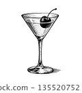 Martini cocktail glass holding a cherry, drawn in hand-drawn engraving style, isolated on a white background, concept of classic drinks 135520752