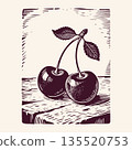 Two ripe cherries with stems and leaves, hand-drawn woodcut style, on a rustic wooden surface, concept of natural fruit and vintage design 135520753
