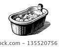 Male figure sitting in a bathtub filled with ice cubes, illustrated in black ink drawing style on white background, concept of cold therapy recovery 135520756