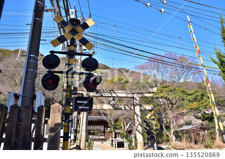 Railroad crossing and torii gate in front of the lower shrine of Semimaru Shrine in Otsu 135520869