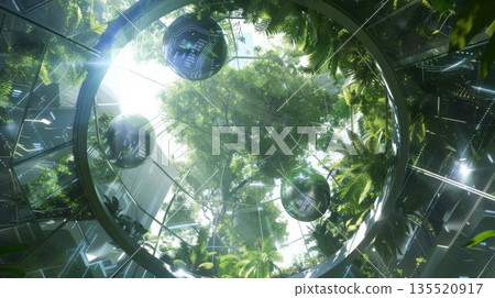 Futuristic eco engineering dome blends lush forest greenery with transparent architecture, representing sustainable innovation, green technology, and environmental harmony Futuristic eco engineering dome blends lush forest greenery with transparent architecture, representing sustainable innovation, green technology, and environmental harmony 135520917