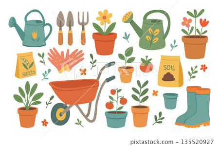 Playful gardening illustration set featuring tools, pots, and seedlings, great for home growing guides, spring activities articles, and hobby lifestyle content Playful gardening illustration set featuring tools, pots, and seedlings, great for home growing guides, spring activities articles, and hobby lifestyle content 135520927