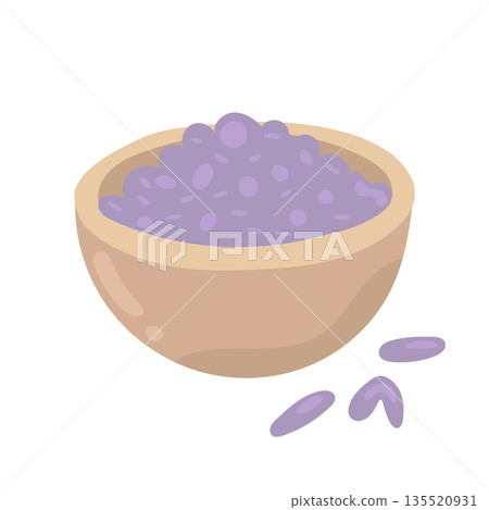 Wooden bowl filled with dried purple buds, suitable for herbal medicine posts, rustic still life visuals, and organic self care storytelling 135520931