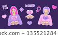 Vector set of hand-drawn cartoon line stickers for International Women's Day 2026. Give to gain. 135521284