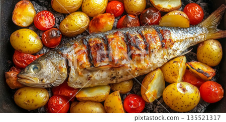 Flat lay of whole grilled trout fish with potatoes and tomatoes baked on coals in black skillet, delicious and healthy dish from seafood 135521317
