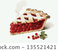 Slice of cherry pie with lattice crust and steam rising, hand-drawn style on white background, concept of dessert and homemade baking 135521421