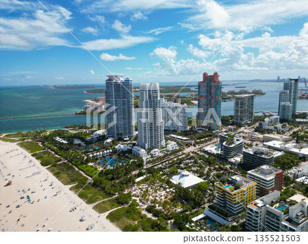 Aerial on Miami skyscraper. Aerial Miami south beach. Cityscape landscape in South Beach. Florida panorama. Skyscraper architecture of Miami. City downtown. Miami South beach landscape aerial view 135521503