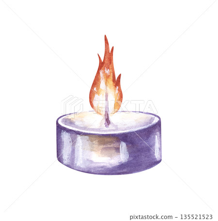 A small burning candle on an isolated background. Watercolor illustration of a round candle with a bright flame. Realistic clipart for holiday decorations. 135521523