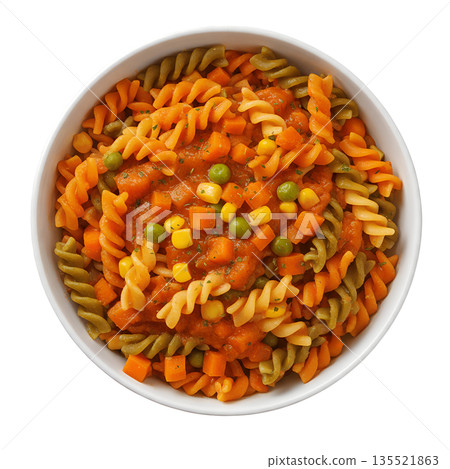 Vibrant bowl of colorful rotini pasta salad with mixed vegetables, isolated. Perfect for healthy, quick meal ideas Vibrant bowl of colorful rotini pasta salad with mixed vegetables, isolated. Perfect for healthy, quick meal ideas 135521863