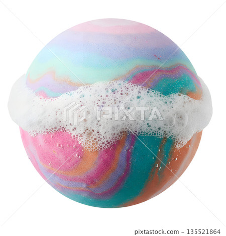 Vibrant pastel-colored bath bomb beginning to fizz in water with luxurious foam, isolated. Represents self-care, relaxation, and cosmetic indulgence 135521864