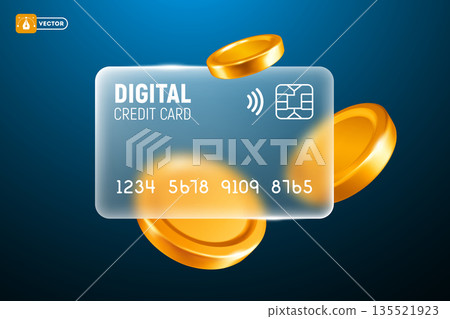 Digital Credit or Debit Card With Glassmorphism And Gold Coins Digital Credit or Debit Card With Glassmorphism And Gold Coins 135521923