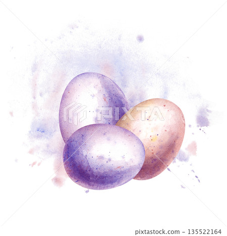 A composition of three painted eggs for the Easter holiday on the background of a watercolor spot with splashes. Realistic watercolor illustration of eggs with splashes of paint on an isolated 135522164