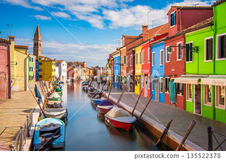 Colorful houses and canal streetscape on Burano island in Venice, Italy 135522378