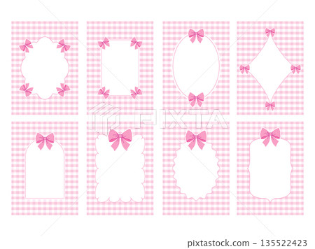 Set of 8 pink gingham card templates with white frames and bows. Set of 8 pink gingham card templates with white frames and bows. 135522423