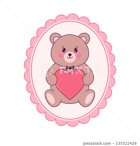 Cute brown teddy bear holding a pink heart inside a scalloped oval frame. Cute brown teddy bear holding a pink heart inside a scalloped oval frame. 135522426