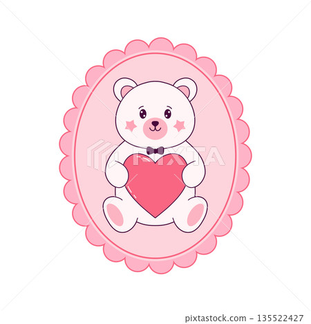 White bear holding a pink heart inside a scalloped oval frame. Perfect for Valentine's Day, nursery decor, or baby shower cards. White bear holding a pink heart inside a scalloped oval frame. Perfect for Valentine's Day, nursery decor, or baby shower cards. 135522427
