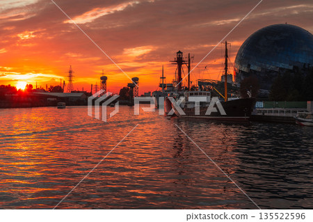 Pregolya River and ships in Kaliningrad at sunset. Russia 135522596