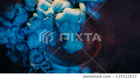 Cloud splash. Glitter blue smoke. Defocused purple color shimmer ink broken glass fog texture on abstract dark black art background. Cloud splash. Glitter blue smoke. Defocused purple color shimmer ink broken glass fog texture on abstract dark black art background. 135522617