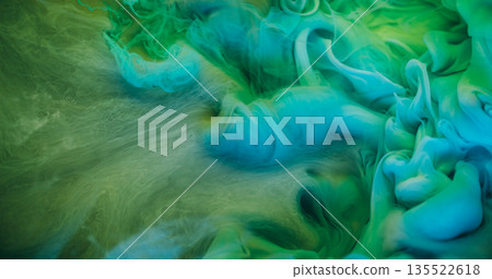 Paint steam. Dye spread. Defocused blue green color acrylic splash cloud texture underwater haze spreading on abstract background. Paint steam. Dye spread. Defocused blue green color acrylic splash cloud texture underwater haze spreading on abstract background. 135522618