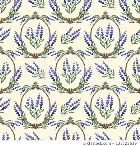 Elegant watercolor seamless pattern with lavender sprigs inside vintage wooden frames. Sophisticated hand-painted Provencal botanical design for rustic home decor and textile prints. 135522639