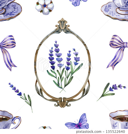 Seamless watercolor pattern with lavender sprigs, cotton flowers, teacups, bows and vintage frames. Provence inspired floral design for textiles, stationery, packaging, home decor, tea branding and Seamless watercolor pattern with lavender sprigs, cotton flowers, teacups, bows and vintage frames. Provence inspired floral design for textiles, stationery, packaging, home decor, tea branding and 135522640