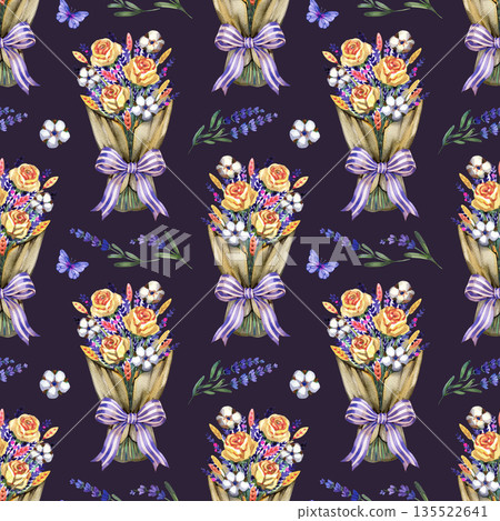 Charming watercolor seamless pattern featuring lavender bouquets in kraft paper tied with purple ribbons and butterflies. Hand-painted botanical design for rustic decor. Charming watercolor seamless pattern featuring lavender bouquets in kraft paper tied with purple ribbons and butterflies. Hand-painted botanical design for rustic decor. 135522641