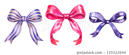 Hand-painted watercolor set of three decorative fabric bows. Features a blue striped nautical bow, a vibrant pink silk bow, and a classic purple satin bow, perfect for gift wrap and festive stationery Hand-painted watercolor set of three decorative fabric bows. Features a blue striped nautical bow, a vibrant pink silk bow, and a classic purple satin bow, perfect for gift wrap and festive stationery 135522644