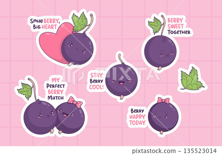 Cute Kawaii Blackcurrant Sticker Pack. Romantic Berry Love Characters with Funny Quotes. Vector illustration. Isolated Valentine Mascot Holiday Valentine Day on Pink Checkered Background Cute Kawaii Blackcurrant Sticker Pack. Romantic Berry Love Characters with Funny Quotes. Vector illustration. Isolated Valentine Mascot Holiday Valentine Day on Pink Checkered Background 135523014