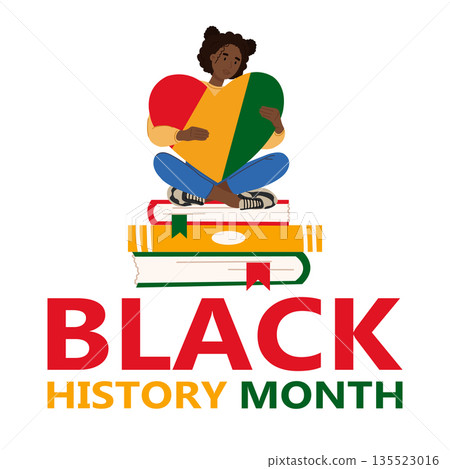 African American girl sitting on a stack of books. Black History Month celebration concept 135523016