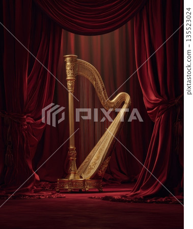 Luxury Golden Harp on Red Velvet Theater Stage 135523024