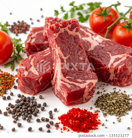 Fresh Cuts of Meat With Herbs and Spices on Display for Cooking in a Kitchen Setting 135523277