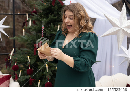 Young 30s woman getting Christmas greeting card from her beloved on background of xmas tree at cozy living room with festive interior. Surprised lady pleasure reading letter at home. Young 30s woman getting Christmas greeting card from her beloved on background of xmas tree at cozy living room with festive interior. Surprised lady pleasure reading letter at home. 135523438