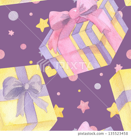 Seamless watercolor pattern of gift boxes with colorfull round, star and heart shaped confetti on a violet background. For fabric, packing paper, greeting cards, design, decoration and illustration. Seamless watercolor pattern of gift boxes with colorfull round, star and heart shaped confetti on a violet background. For fabric, packing paper, greeting cards, design, decoration and illustration. 135523458