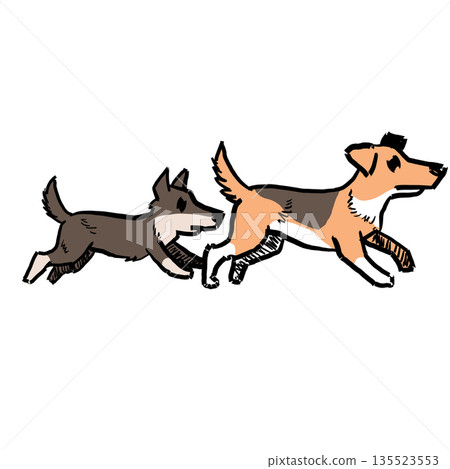 Playing puppies doodle, energetic two dogs running and jumping together. Fun playing puppies doodle in a lively, artistic sketch style. 135523553