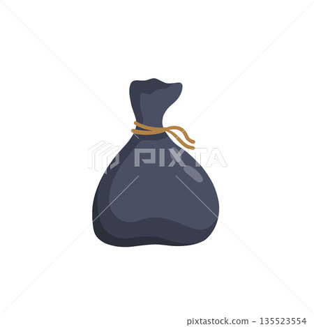 Garbage bag sack, black plastic trash bag with rope isolated on white. Waste storage sack container for junk or refuse. Garbage bag sack for home 135523554