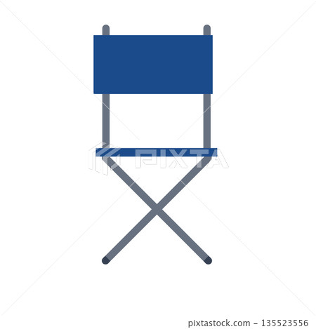 Blue folding chair illustration, director style seat in a flat minimalist design, isolated on white. Simple portable furniture icon for office or outdoor concepts. 135523556