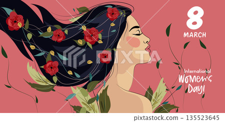 Woman with flowers in hairs, Hello spring, Girl with flowers. Happy international Women's Day card Woman with flowers in hairs, Hello spring, Girl with flowers. Happy international Women's Day card 135523645
