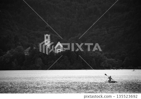 Scenic View of Lake Bled with Church on Bled Island, Slovenia Scenic View of Lake Bled with Church on Bled Island, Slovenia 135523692
